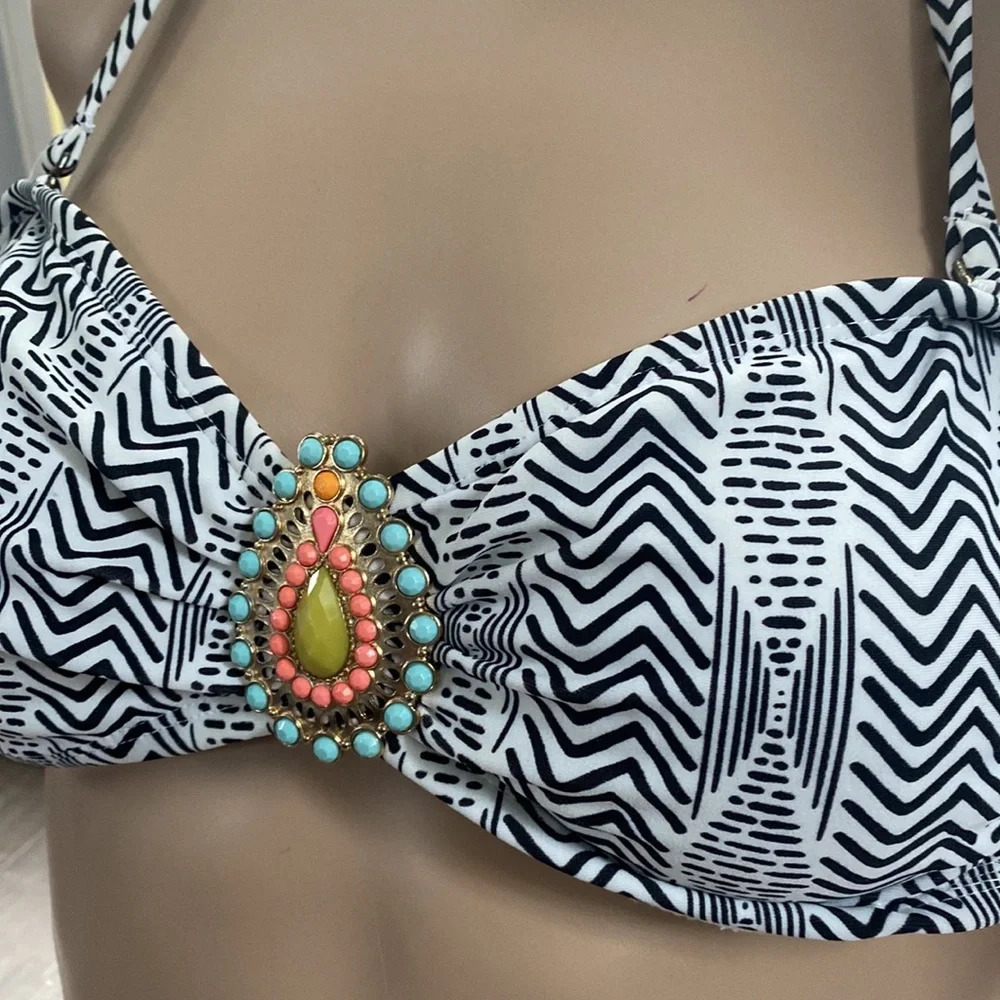 Xhilaration Women’s Black White Stripe Teal Swim Bikini Top M - Picture 2 of 5